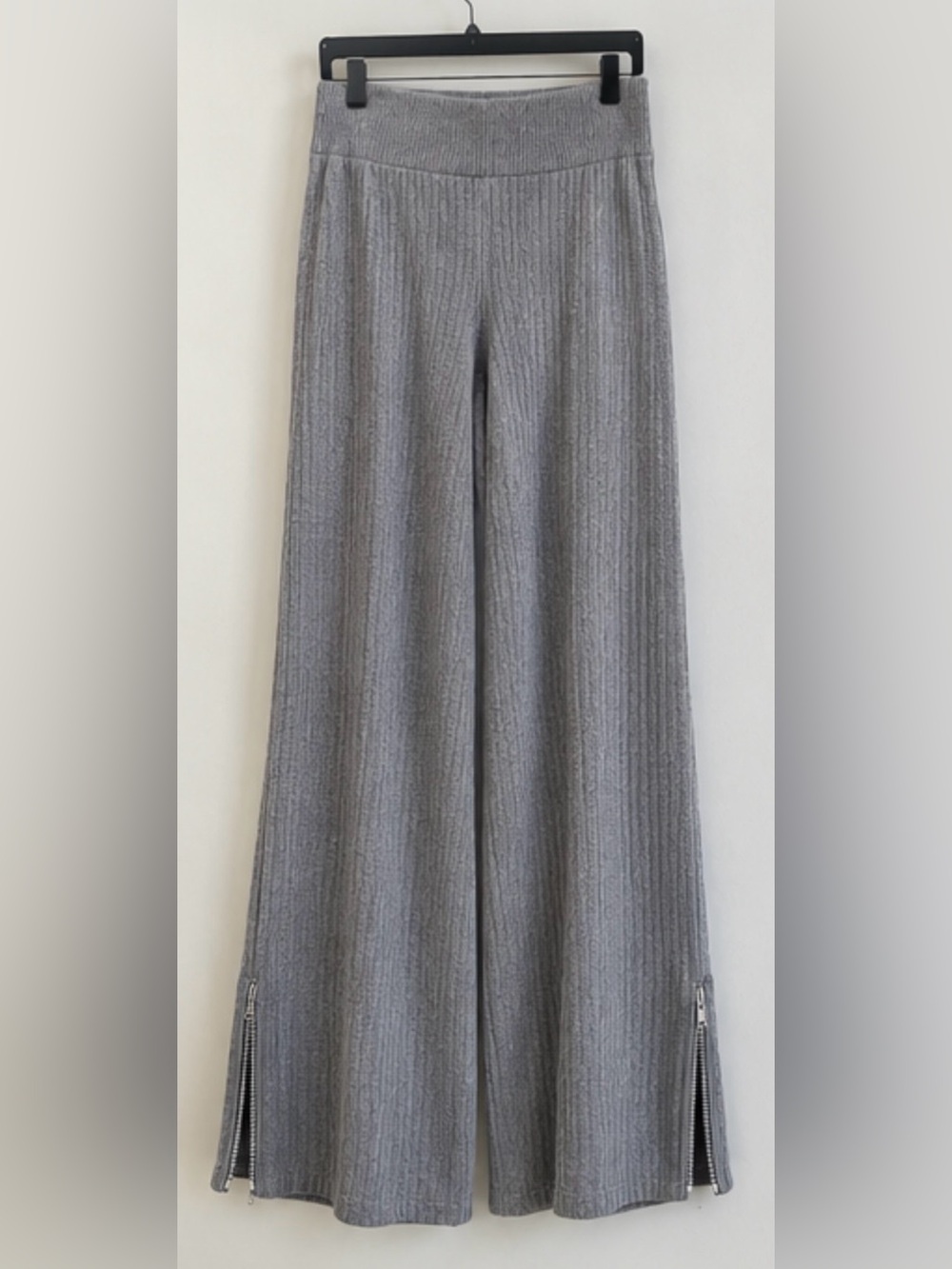 White Fox Boutique Grey Ribbed Wide Leg Pants with Zipper Hem